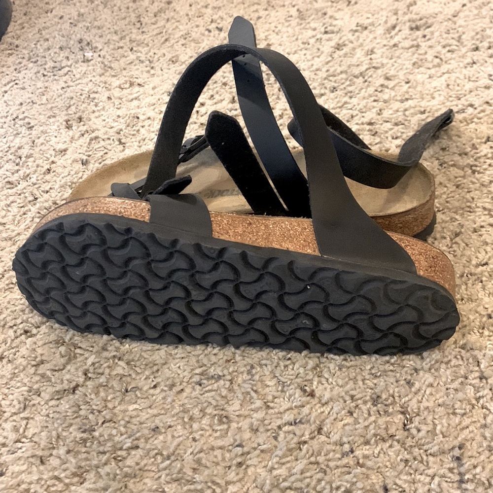 Black Strappy Cork Footbed Sandals - Women's Comfort Sandal - Picture 4 of 5